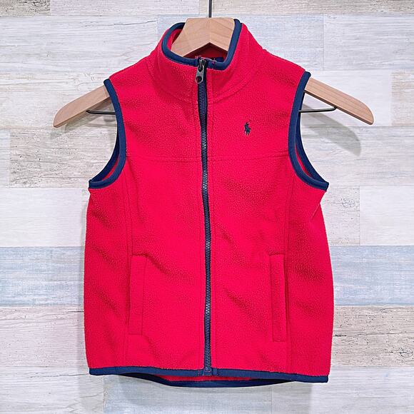 POLO Ralph Lauren Full Zip Fleece Vest Jacket Red Blue Tipping Pockets Boys 6 - Picture 1 of 5